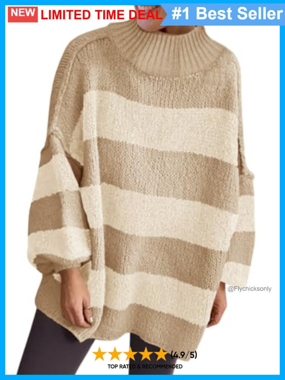 100% Polyester Striped Mock Neck Oversized Knit Pullover Sweater